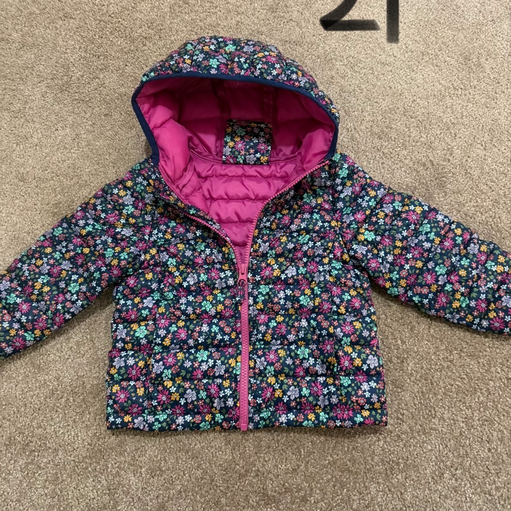 Floral Kids Puffer Jacket - Pink & Blue